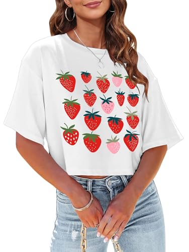 hohololo Erdbeer Crop Tops Damen Crop Top Over Size Sommer Erdbeeren Lockeres Oberteile (Weiß-a,XL) von hohololo