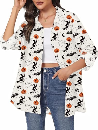 hohololo Halloween Damen Hemd Halloween Skelett Langarm Hemd Damen Kürbis Bluse (Mehrfarbig1,S) von hohololo
