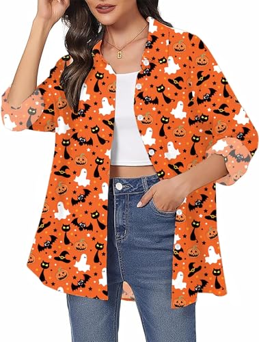 hohololo Halloween Damen Hemd Halloween Skelett Langarm Hemd Damen Kürbis Bluse (Mehrfarbig3,S) von hohololo