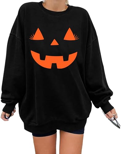 hohololo Halloween Pullover Damen Oversize Halloween Sweatshirt Kürbis Oberteil (Schwarz2,M) von hohololo