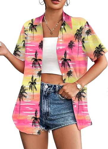 hohololo Hawaii Hemd Damen Hawaiihemd Frauen Hawaii Outfit Kurzarm Shirt S-XXL (Mehrfarbig1,L) von hohololo