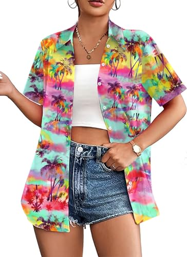 hohololo Hawaii Hemd Damen Hawaiihemd Frauen Hawaii Outfit Kurzarm Shirt S-XXL (Mehrfarbig2,S) von hohololo