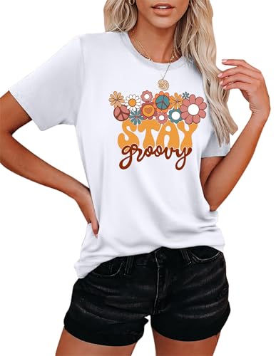 hohololo Hippie T-Shirt Damen 60er 70er Jahre Sommer T-Shirt mit Blumenmuster für Damen Stay Groovy T-Shirt, Weiß-A, XXL hohololo Hippie T-Shirt Damen 60er 70er Jahre Sommer T-Shirt mit Blumenmuster für Damen Stay Groovy T-Shirt, Weiß-A, XXL von hohololo