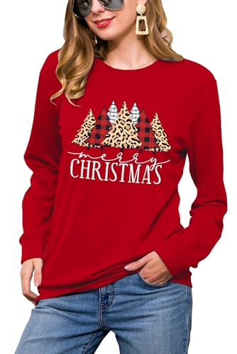 hohololo Weihnachts-Sweatshirts für Damen, Weihnachts-Shirt, Weihnachtsbaum, Grafik, Pullover, Urlaub, Langarm-Tops, Red-B, M von hohololo