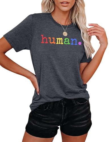 hohololo Pride T-Shirts für Damen LGBT Human Letter Print Shirts CSD Pride Shirts (Grau-a,XXL) von hohololo