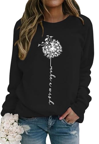 hohololo Pusteblume Sweatshirt Damen Löwenzahn Langarmshirt Pullover Herbst Winter Oberteile Tops (Schwarz1,L) von hohololo