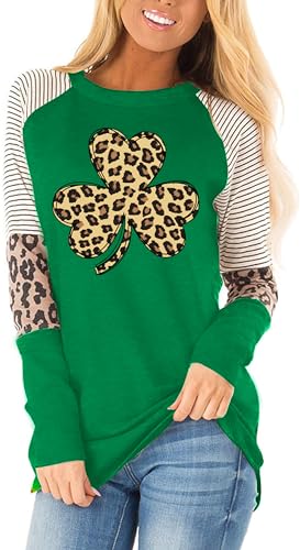 hohololo St. Patrick's Day Shirts Lucky Shamrock Langarm für Damen Leopardenmuster Tops, Grün-d, Small von hohololo