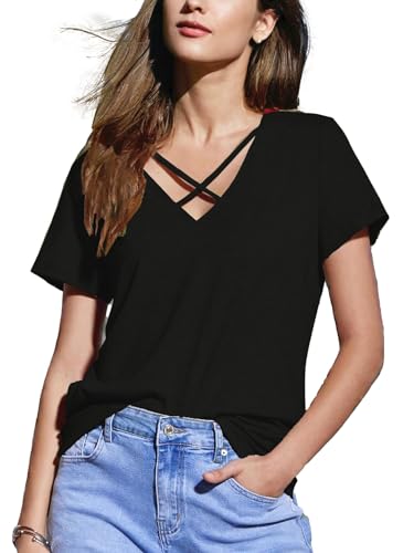 hohololo T Shirt Damen V Ausschnitt Bluse Kurzarm Basic Shirt Frauen S-XXL (Schwarz1,XL) von hohololo