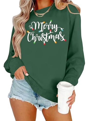 hohololo Weihnachts Sweatshirt Damen Weihnachtspullover Merry Christmas Licht Pullover (Grün1,S) von hohololo