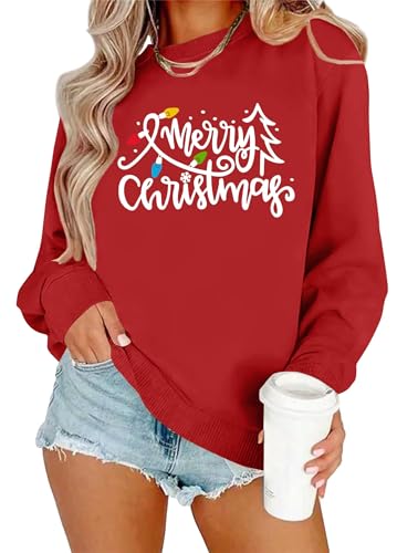 hohololo Weihnachts Sweatshirt Damen Weihnachtspullover Merry Christmas Licht Pullover (Rot2,L) von hohololo