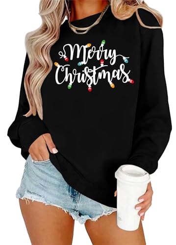 hohololo Weihnachts Sweatshirt Damen Weihnachtspullover Merry Christmas Licht Pullover (Schwarz1,XL) von hohololo