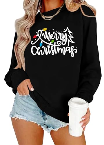hohololo Weihnachts Sweatshirt Damen Weihnachtspullover Merry Christmas Licht Pullover (Schwarz2,XXL) von hohololo