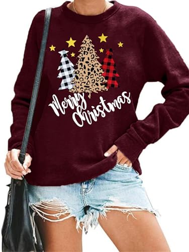 hohololo Weihnachts Sweatshirt Damen Weihnachtspullover Merry Christmas Pullover (Rot1,L) von hohololo