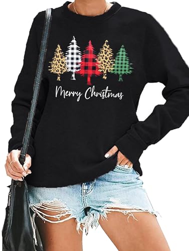 hohololo Weihnachts Sweatshirt Damen Weihnachtspullover Merry Christmas Pullover (Schwarz1,L) von hohololo