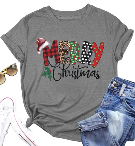 hohololo Weihnachts Tshirt Damen Christmas Shirt Merry Christmas Kurzarm-T-Shirt (Grau1,L) von hohololo