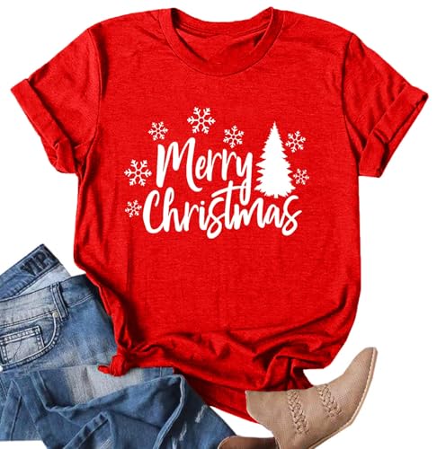 hohololo Weihnachts Tshirt Damen Christmas Shirt Merry Christmas Kurzarm-T-Shirt (Rot1,L) von hohololo