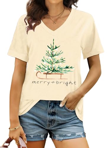 hohololo Weihnachts Tshirt Damen Christmas Shirt Merry Christmas V-Ausschnitt-T-Shirt (Beige1,S) von hohololo