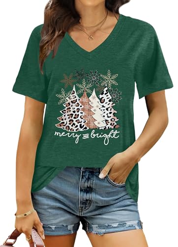 hohololo Weihnachts Tshirt Damen Christmas Shirt Merry Christmas V-Ausschnitt-T-Shirt (Grün1,XXL) von hohololo