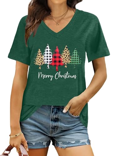 hohololo Weihnachts Tshirt Damen Christmas Shirt Merry Christmas V-Ausschnitt-T-Shirt (Grün2,S) von hohololo