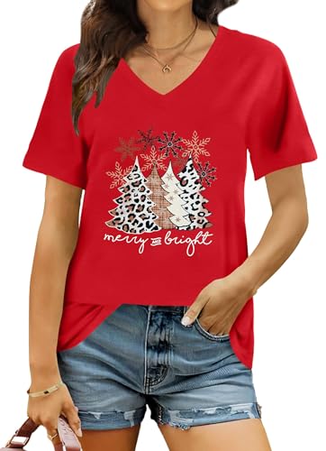 hohololo Weihnachts Tshirt Damen Christmas Shirt Merry Christmas V-Ausschnitt-T-Shirt (Rot1,M) von hohololo