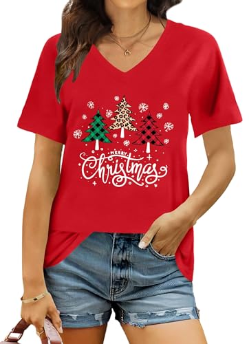 hohololo Weihnachts Tshirt Damen Christmas Shirt Merry Christmas V-Ausschnitt-T-Shirt (Rot2,M) von hohololo
