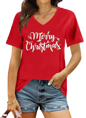 hohololo Weihnachts Tshirt Damen Christmas Shirt Merry Christmas V-Ausschnitt-T-Shirt (Rot3,M) von hohololo