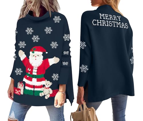 hohololo Weihnachtspullover Damen Merry Christmas Sweater Rollkragenpullover S-XXL (Blau1,S) von hohololo
