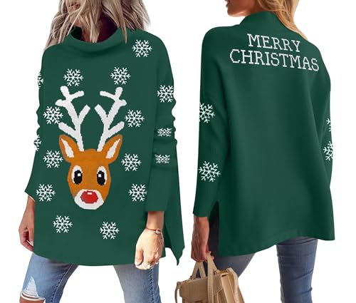 hohololo Weihnachtspullover Damen Merry Christmas Sweater Rollkragenpullover S-XXL (Grün1,XL) von hohololo
