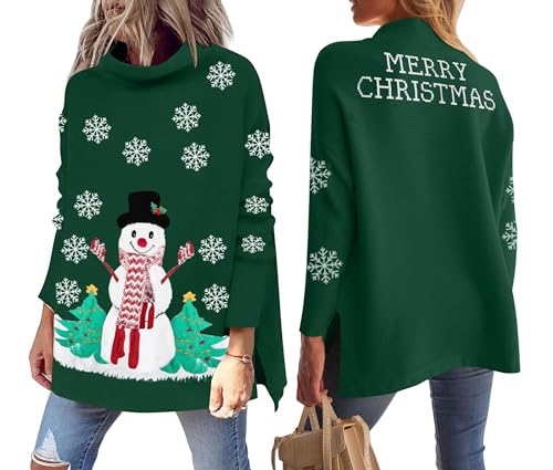 hohololo Weihnachtspullover Damen Merry Christmas Sweater Rollkragenpullover S-XXL (Grün2,S) von hohololo