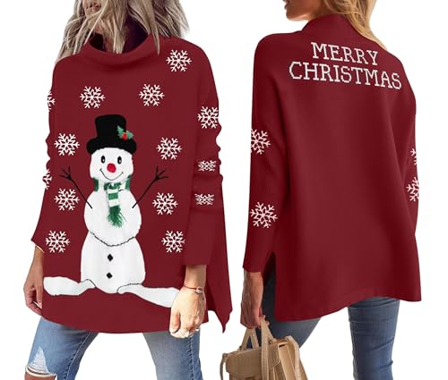 hohololo Weihnachtspullover Damen Merry Christmas Sweater Rollkragenpullover S-XXL (Winered1,XL) von hohololo