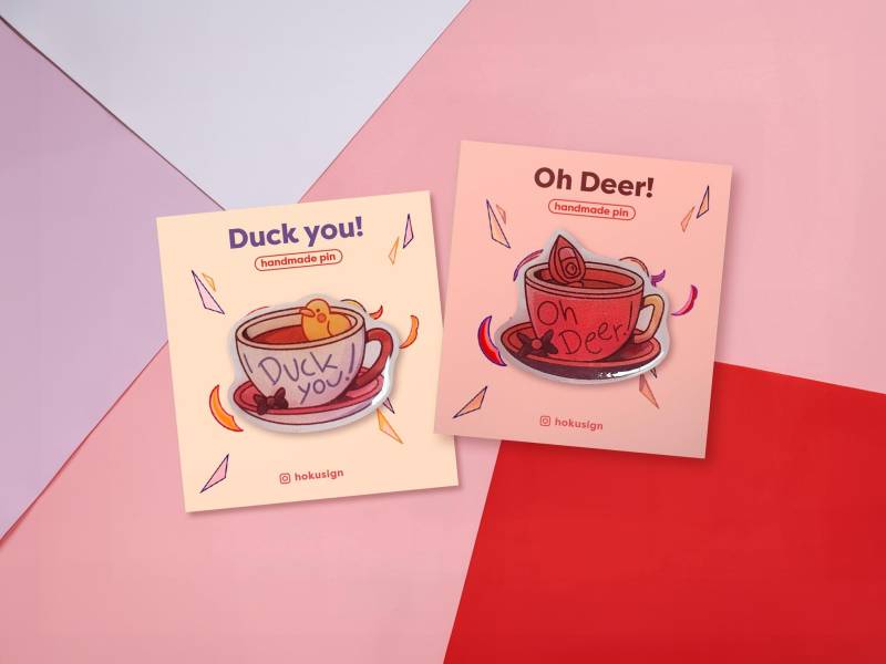 Hazbin Hotel Pins - Duck You & Oh Deer Set | Coffee Cups Angel Demon Pin Pair Brooch For Backpacks & Clothes Handmade von hokusign