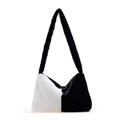 holygloomy Plüsch Handtasche, modische Pelzige-Umhängetasche, flauschige Plüschhandtaschen mit großem Fassungsvermögen, lässige Taschen weibliche Einkaufstasche, Weiß Schwarz von holygloomy
