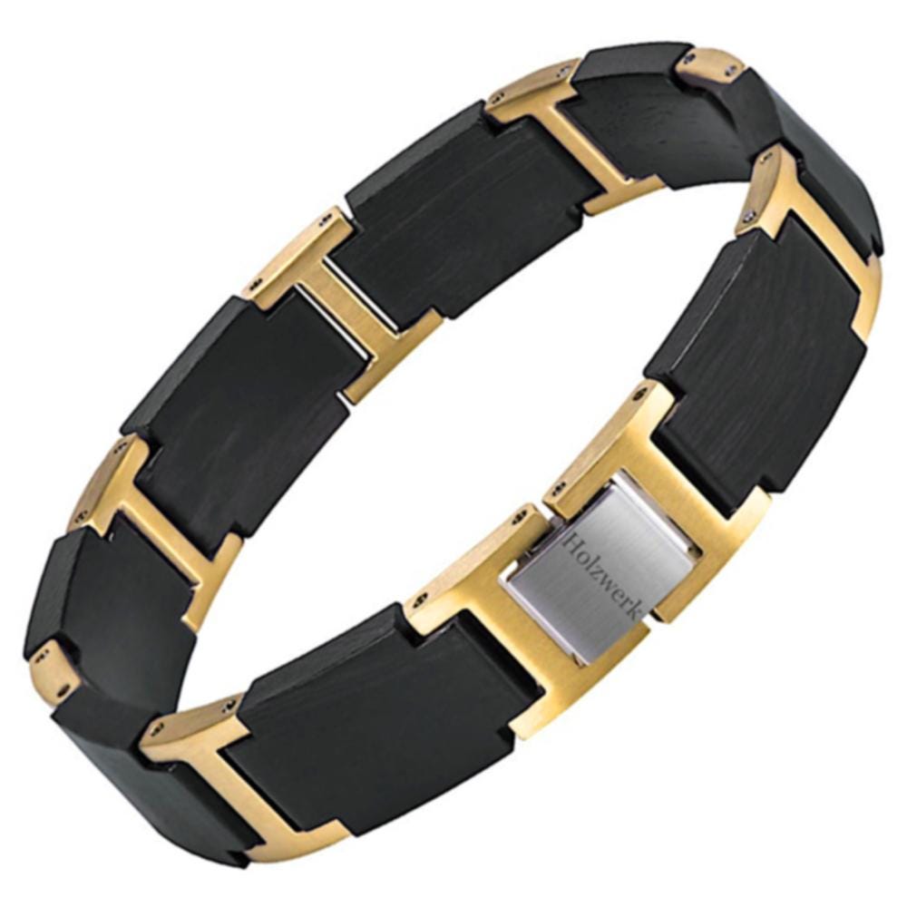 Holzwerk Auensee Damen, Herren Holz & Edelstahl Armband, Designer Navaho Gliederarmband, Modernes Kettenarmband in Ebonyholz Schwarz, Gold von holzwerkgermany
