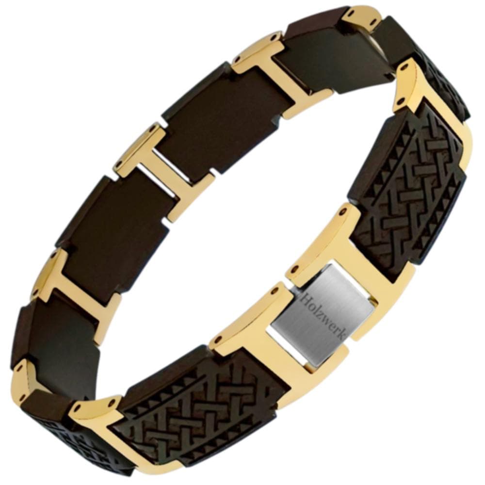 Holzwerk Balksee Damen, Herren Holz & Edelstahl Armband, Designer Navaho Gliederarmband, Modernes Kettenarmband in Ebonyholz Schwarz, Gold von holzwerkgermany