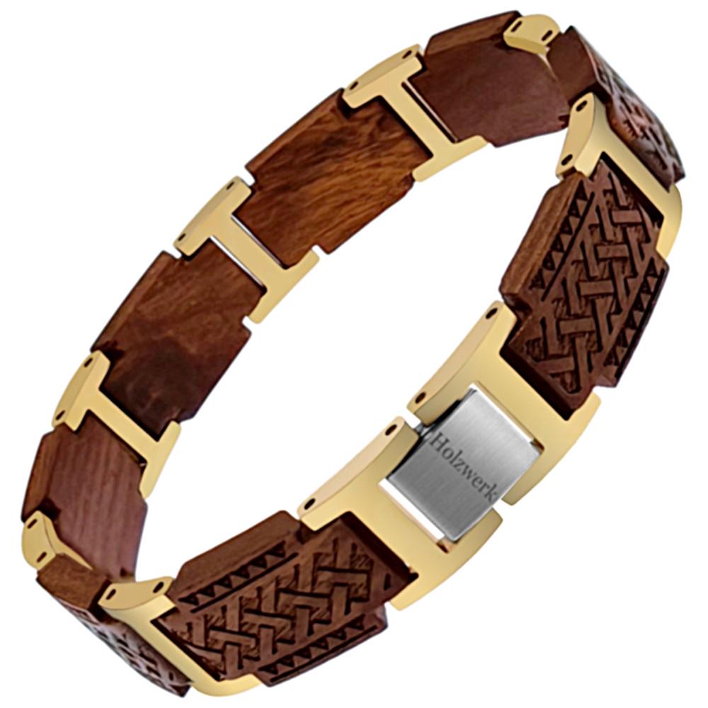 Holzwerk Eibsee Damen, Herren Holz & Edelstahl Armband, Designer Navaho Gliederarmband, Modernes Kettenarmband in Sandelholz Braun, Gold von holzwerkgermany