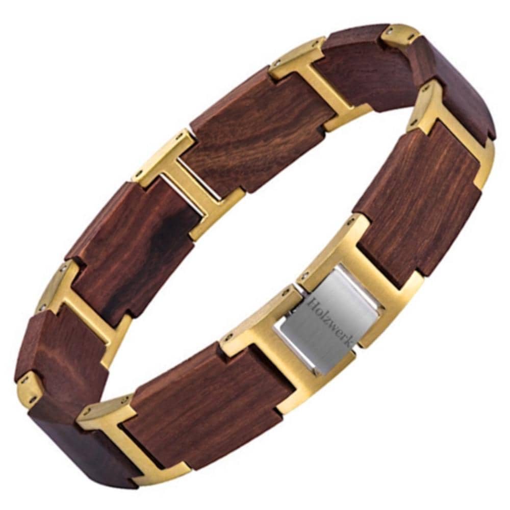 Holzwerk Riedsee Damen, Herren Holz & Edelstahl Armband, Designer Navaho Gliederarmband, Modernes Kettenarmband in Sandelholz Braun, Gold von holzwerkgermany