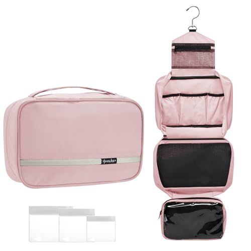 homchen Hängende Toilettentasche Travel Kit für Männer Frauen, Upgrade Große Kapazität Waschtasche Make-up Tasche mit 4 Fächern, Faltbare Kompakte Größe (Rosa) von homchen