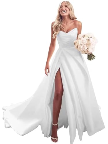 homdor Trägerloses Ballkleid, langes Ballkleid, Satin, Hochzeitskleid für Braut, A-Linie, formelles Abendkleid, Partykleider mit Schlitz, Elfenbein, 34 homdor Trägerloses Ballkleid, langes Ballkleid, Satin, Hochzeitskleid für Braut, A-Linie, formelles Abendkleid, Partykleider mit Schlitz, Elfenbein, 34 von homdor