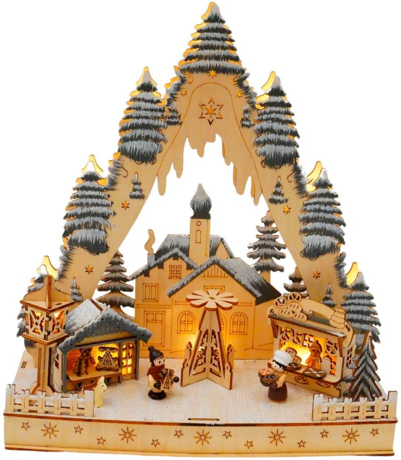 Home affaire LED Schwibbogen "Winterszene, Weihnachtsdorf mit Wald" 1 Stk. Weihnachtsdeko aus Holz, Höhe ca. 33 cm von home affaire