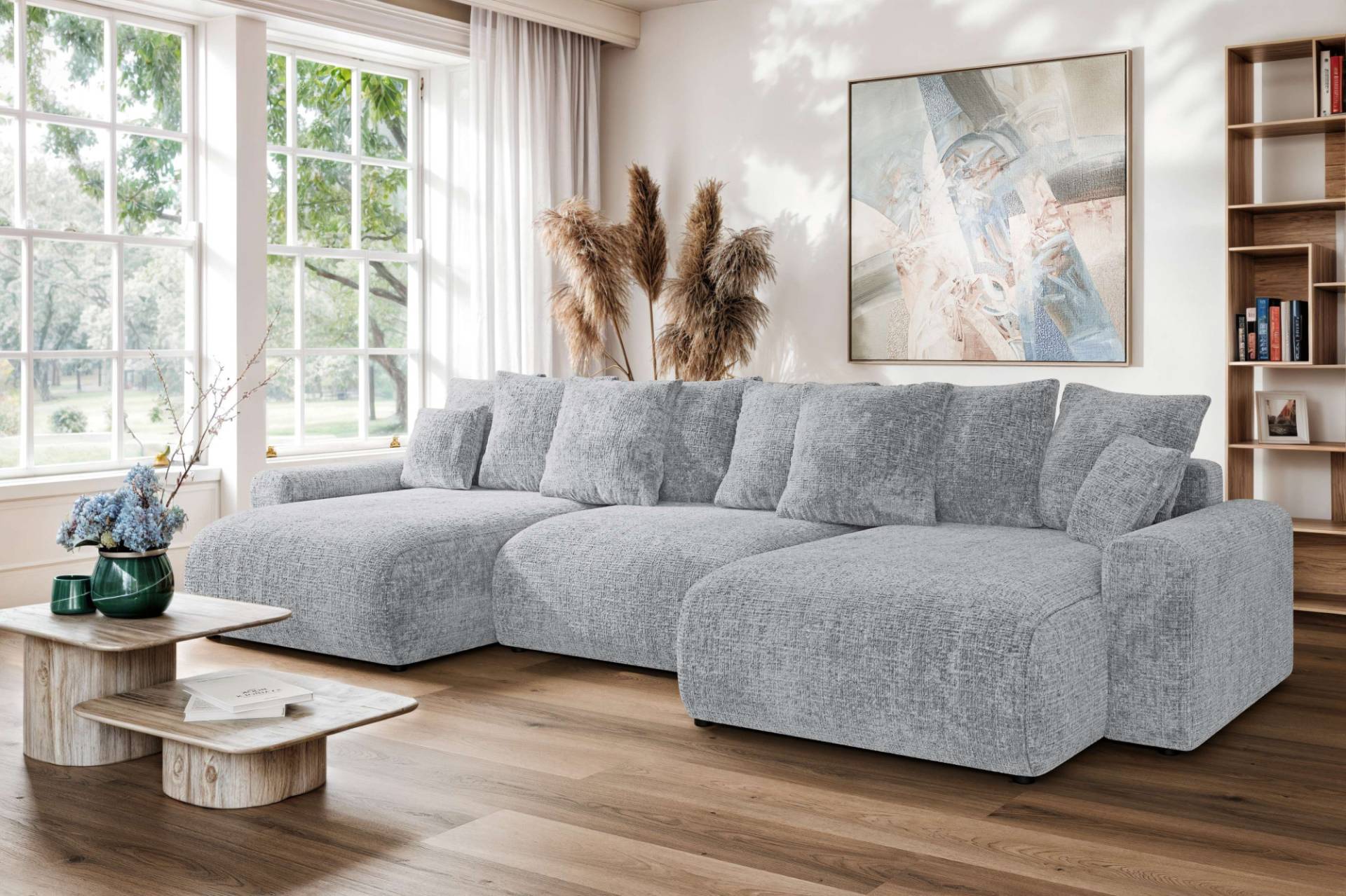 Home affaire Wohnlandschaft "LAKESIDE mit Bettfunktion und Bettkasten, Maße B/T/H: 332,5/142/84 cm" U‑Form mit vielen Kissen und Wellenunterfederung von home affaire