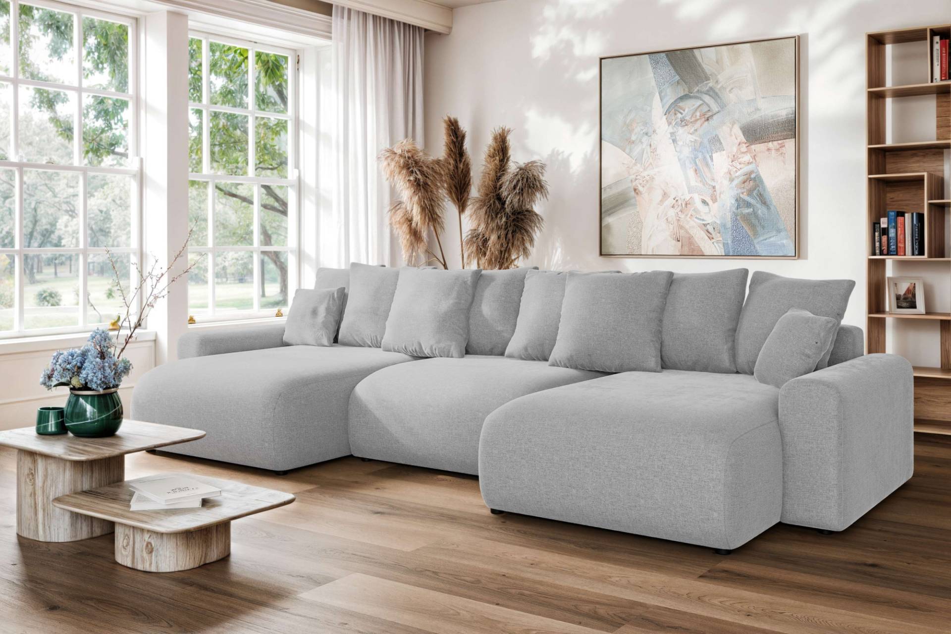 Home affaire Wohnlandschaft "LAKESIDE mit Bettfunktion und Bettkasten, Maße B/T/H: 332,5/142/84 cm" U‑Form mit vielen Kissen und Wellenunterfederung von home affaire