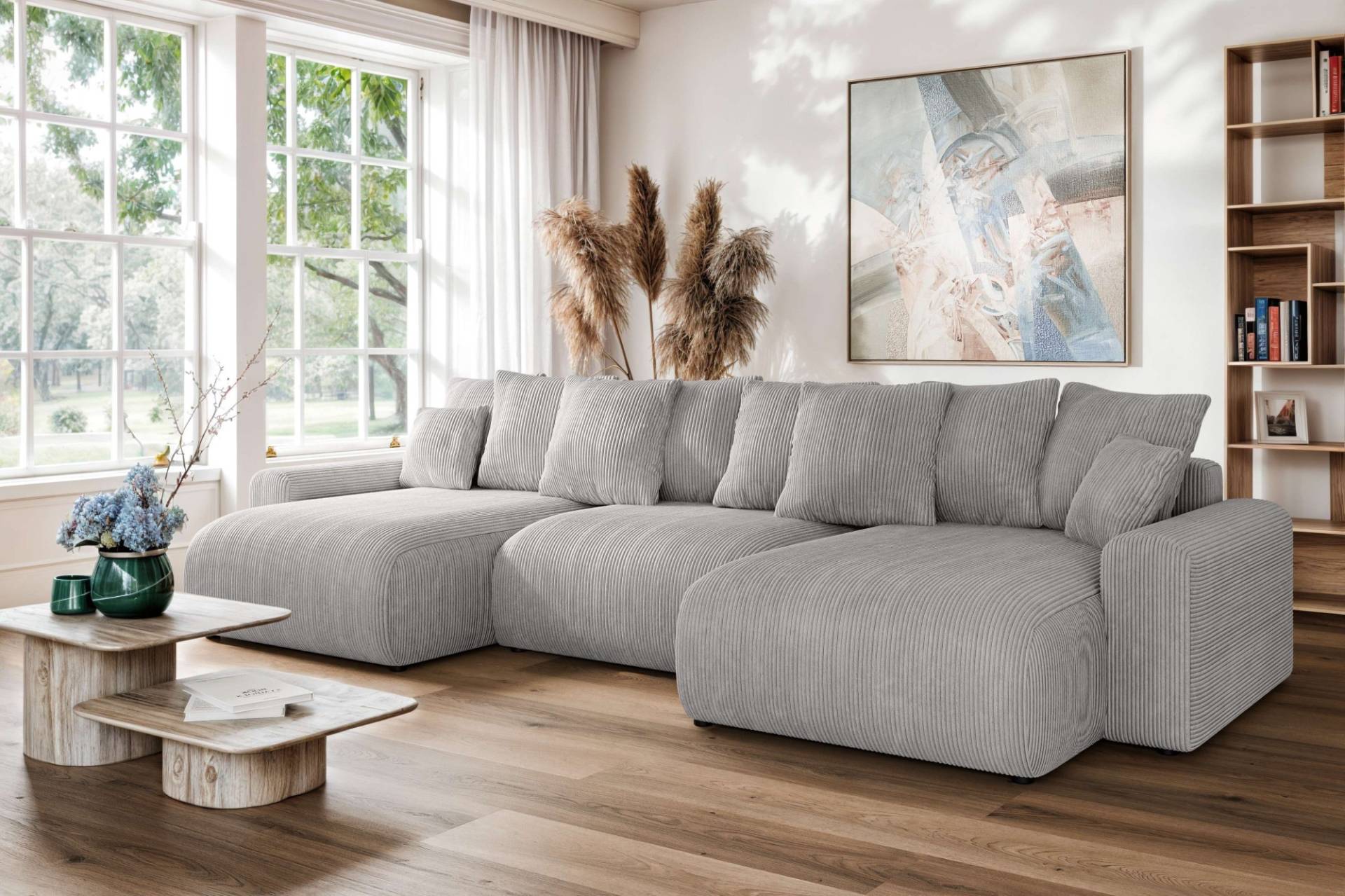 Home affaire Wohnlandschaft "LAKESIDE mit Bettfunktion und Bettkasten, Maße B/T/H: 332,5/142/84 cm" U‑Form mit vielen Kissen und Wellenunterfederung von home affaire