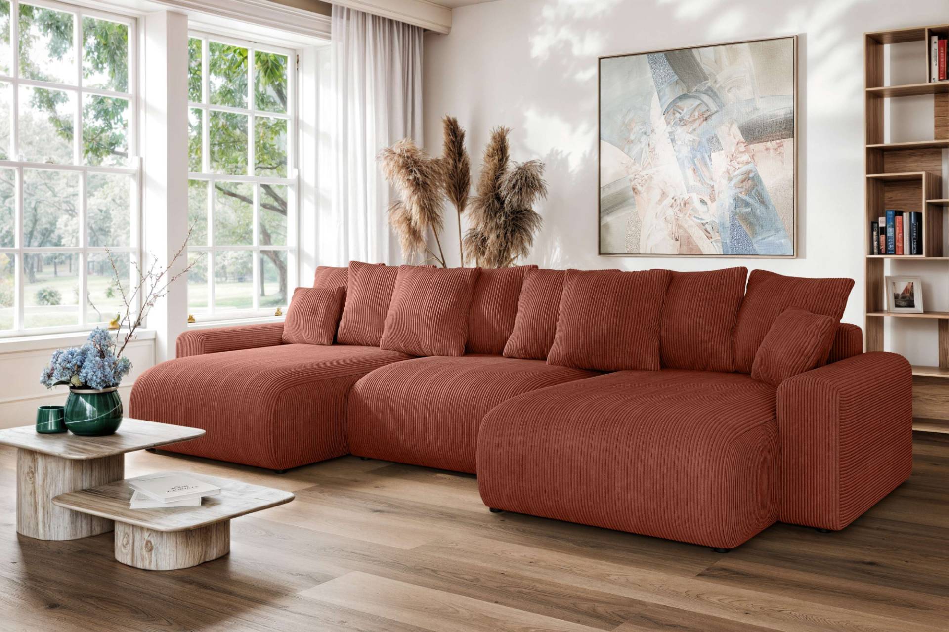 Home affaire Wohnlandschaft "LAKESIDE mit Bettfunktion und Bettkasten, Maße B/T/H: 332,5/142/84 cm" U‑Form mit vielen Kissen und Wellenunterfederung von home affaire