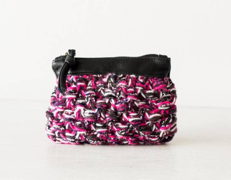 Reißverschlusstasche Mit Mehrfarbigem Garn Und Leder, Handgestrickte Kleingeldtasche Täschchen Geldbeutel Kreditkartenetui von homelab