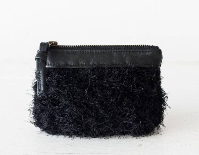 Reißverschlusstasche Mit Schwarzem Garn Und Leder, Handgestrickte Kleingeldtasche Geldbörse Kreditkartenetui von homelab