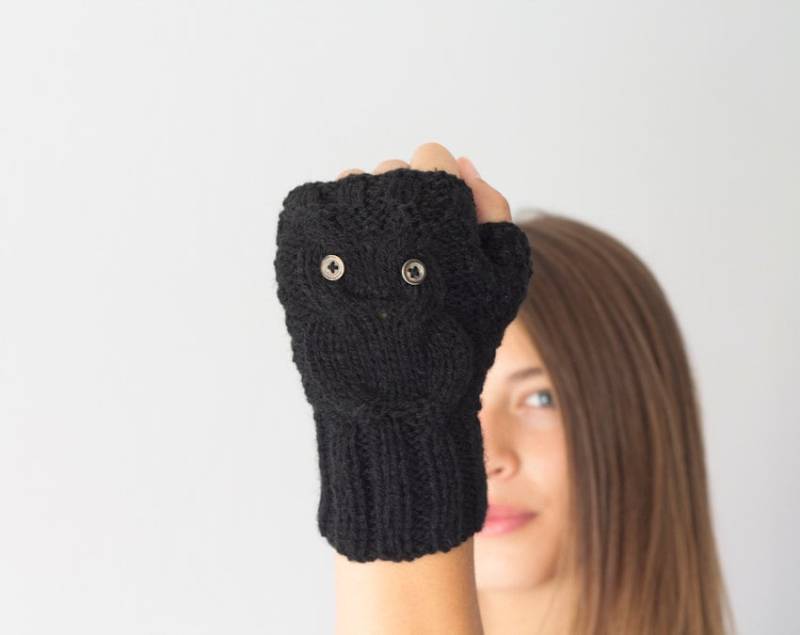 Schwarze Eule Texting Handschuhe Fingerlose Handstulpen Damen Strickhandschuhe Geschenk Für Sie Mitts Halbe Finger von homelab