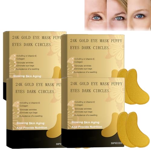 24K Under Eye Treatment Masks, 24k Gold Eye Masks Puffy Eyes, Anti-Aging-Augenserummasken, nährende Feuchtigkeitspflege, Anti-Falten-Pflaster für die Haut, Augenpatches für Frauen und Männer (4pcs) von homomdy