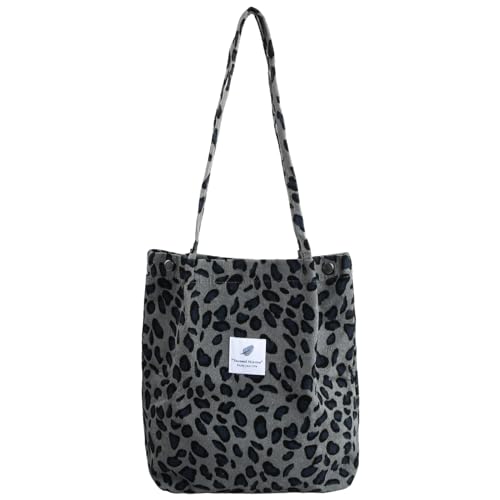 Canvas Tasche Tote Groß Damen Stofftasche Cord Shopper Handtasche Schultertaschen Cord Tasche Damen Tote Bag Kord Handtasche für Alltag, Büro, Schulausflug und Einkauf (Graues Leopardenmuster) von hongmo
