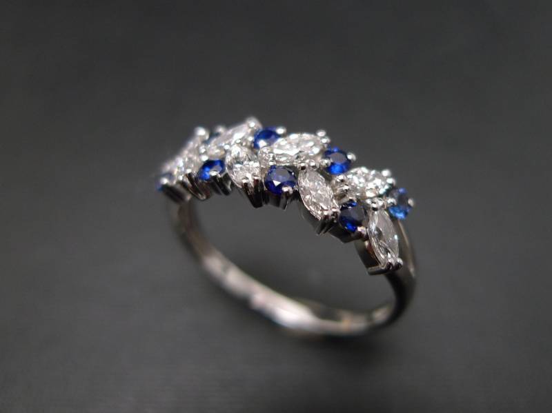 Blauer Saphirring, Diamant Ehering, Saphirring in 14K Weißgold, Marquise Diamantring, Frauenring von honngaijewelry