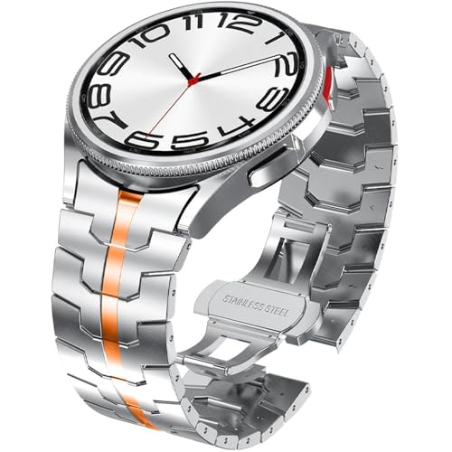 honyeuk Edelstahlarmband für Galaxy Watch 6 5 4 Classic No Gaps Metallband Gliederarmband(Silver Orange,Watch6 44MM) von honyeuk